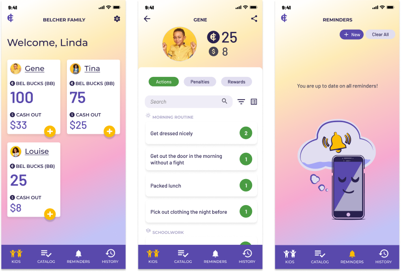Earnee app screens — family home, kid profile, and reminders