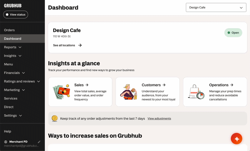 Operator pausing their store from the Grubhub for Restaurants desktop dashboard